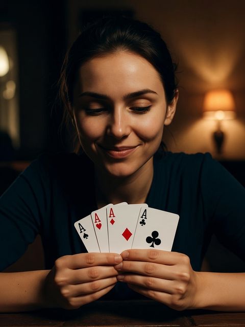 Smiling woman holding four aces fanned out at a table